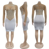 Sheer Mesh Rhinestone Long Sleeve Mini Dress