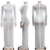 Sheer Mesh Long Sleeve Sparkling Rhinestone Maxi Dress with Inner Lining Two-Piece Set