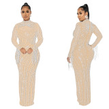 Sheer Mesh Long Sleeve Sparkling Rhinestone Maxi Dress with Inner Lining Two-Piece Set