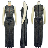 Solid Color Mesh Rhinestone Sleeveless Maxi Dress