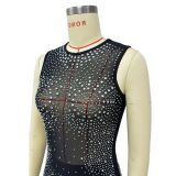 Solid Color Mesh Rhinestone Sleeveless Maxi Dress