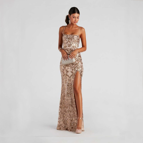 Off-Shoulder Sequin Maxi Dress with High Slit