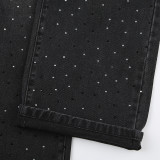 Wide Leg Black Loose Rhinestone Embellished Denim Pants for women jeans