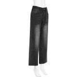 Wide Leg Black Loose Rhinestone Embellished Denim Pants for women jeans