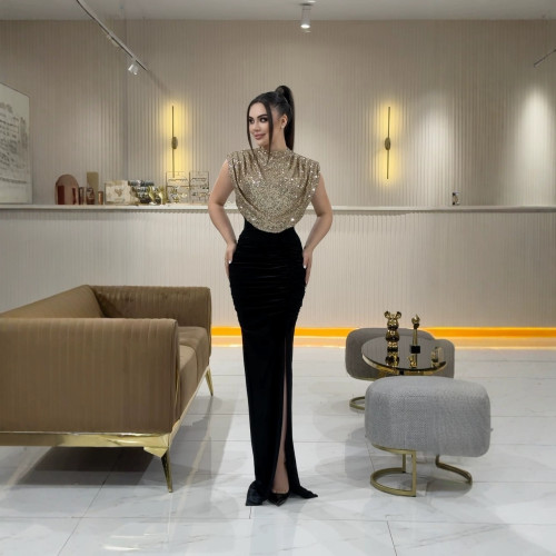 Sequin Evening Gown with High Slit and Mermaid Tail Design