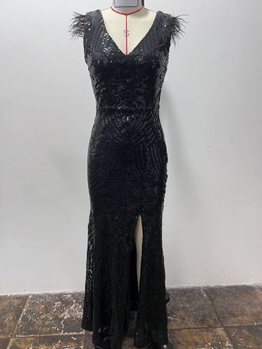 High-Profile Sequin Evening Gown
