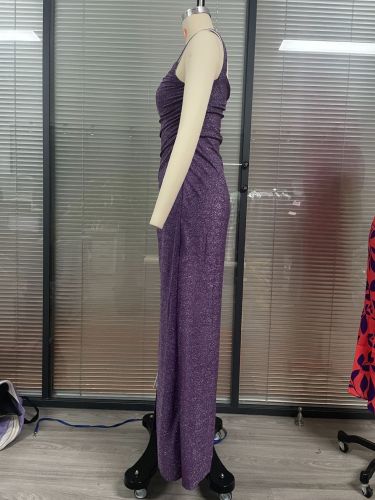 Off-Shoulder Bodycon High-Slit Shimmering Dress