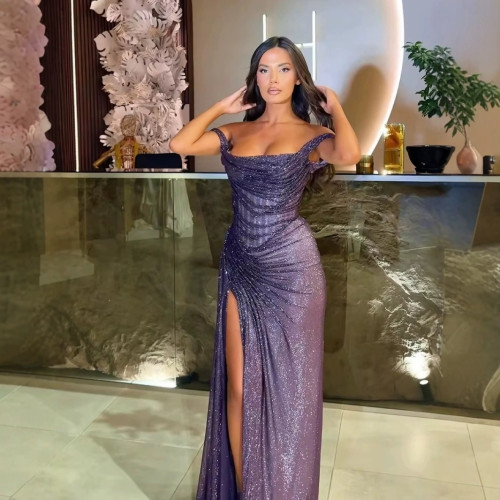 Off-Shoulder Bodycon High-Slit Shimmering Dress