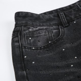Wide Leg Black Loose Rhinestone Embellished Denim Pants for women jeans