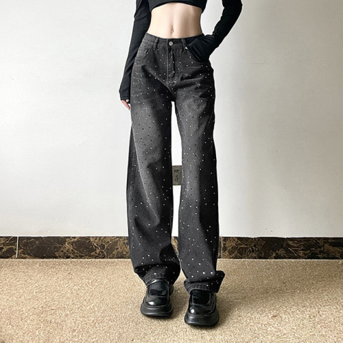 Wide Leg Black Loose Rhinestone Embellished Denim Pants for women jeans