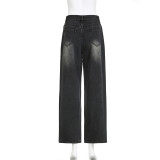 Wide Leg Black Loose Rhinestone Embellished Denim Pants for women jeans