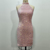 Sparkling Halter Neck Backless Mini Pencil Dress