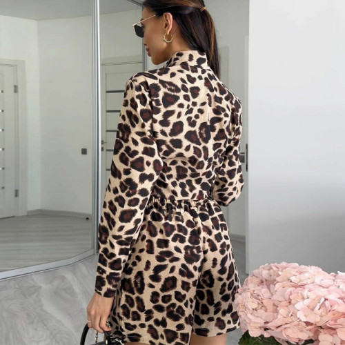 Leopard Print Long-Sleeve Cardigan & Shorts Set for Women