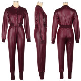 Chic Zip-Up Faux Leather Jacket PU Leather Two-Piece Set