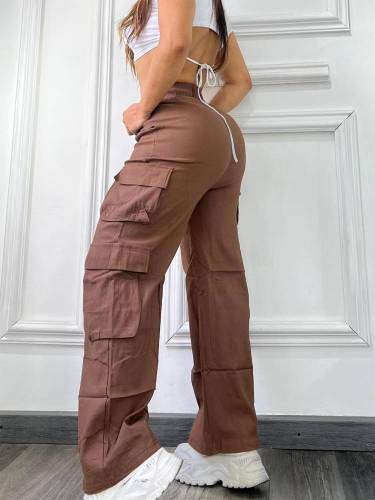 Women Pocket Solid Cargo Pants