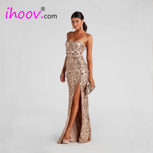 Off-Shoulder Sequin Maxi Dress with High Slit