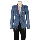 Double-Breasted Lion Buckle Denim Blazer