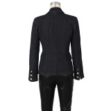 Double-Breasted Lion Buckle Denim Blazer