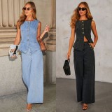 Button-Up Sleeveless Vest & Wide-Leg Denim Pants Set