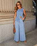 Button-Up Sleeveless Vest & Wide-Leg Denim Pants Set