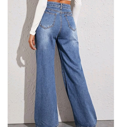 Relaxed High-Waisted Wide-Leg Denim Pants