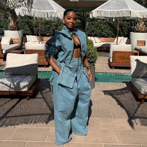 Wide-Leg Loose-Fit Denim Two-Piece Set