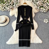 Knit Crew Neck Dress with Waist Belt Bodycon Sweater Dress