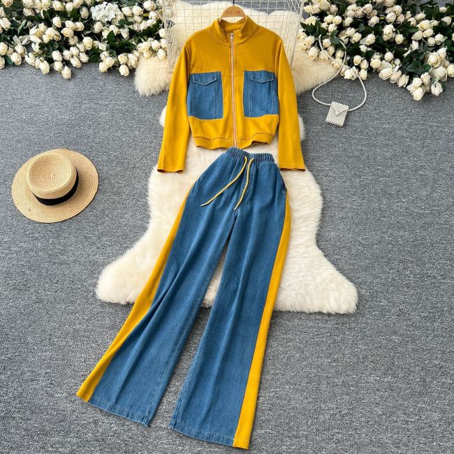 Women's Stand Collar Long Sleeve Denim Jacket with Patchwork Pants
