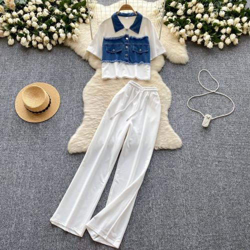 Denim Patchwork Short Sleeve T-Shirt with High-Waisted Slim Fit Wide-Leg Pants