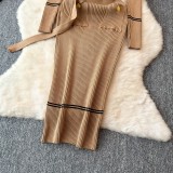 Knit Crew Neck Dress with Waist Belt Bodycon Sweater Dress