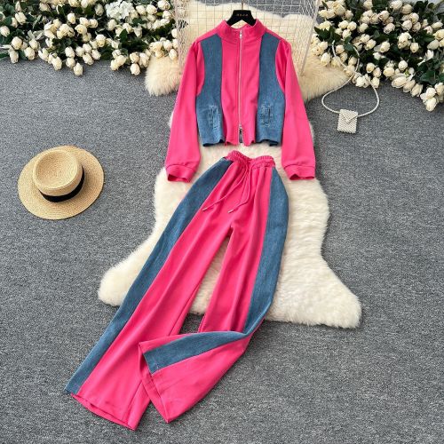 Stand Collar Zip-Up Long Sleeve Denim Patchwork Jacket with Drawstring