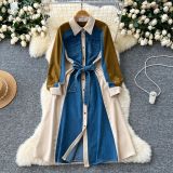 Color-Block Long Sleeve Denim Tie-Waist Shirt Dress