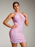 Pink Sequin Sleeveless Round Neck Bodycon Mini Dress