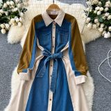 Color-Block Long Sleeve Denim Tie-Waist Shirt Dress