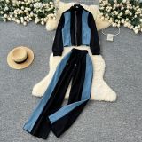 Stand Collar Zip-Up Long Sleeve Denim Patchwork Jacket with Drawstring