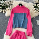 Stand Collar Zip-Up Long Sleeve Denim Patchwork Jacket with Drawstring