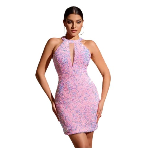Pink Sequin Sleeveless Round Neck Bodycon Mini Dress