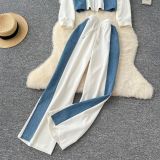 Stand Collar Zip-Up Long Sleeve Denim Patchwork Jacket with Drawstring
