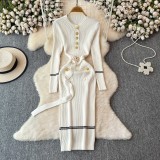 Knit Crew Neck Dress with Waist Belt Bodycon Sweater Dress