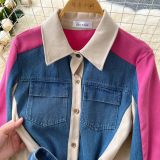 Color-Block Long Sleeve Denim Tie-Waist Shirt Dress