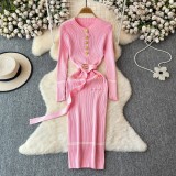 Knit Crew Neck Dress with Waist Belt Bodycon Sweater Dress