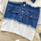 Denim Patchwork Short Sleeve T-Shirt with High-Waisted Slim Fit Wide-Leg Pants