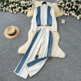 Stand Collar Zip-Up Long Sleeve Denim Patchwork Jacket with Drawstring