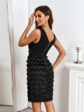Deep V-Neck Sleeveless Bodycon Dress with Fringe Detail