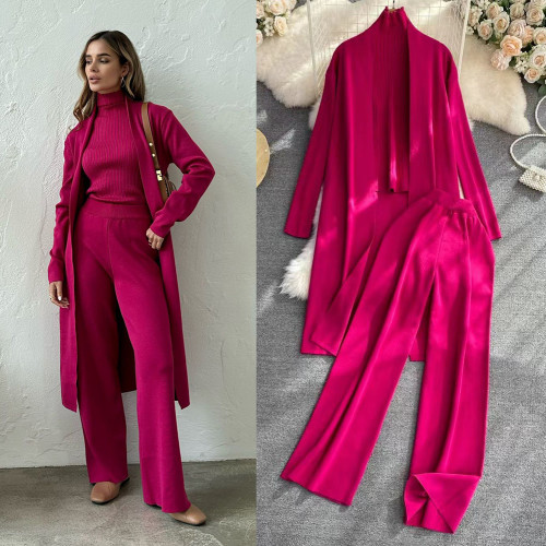 Women’s Knit Set Long Cardigan Turtleneck Sweater & Wide-Leg Pants