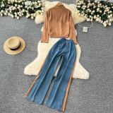 Women's Stand Collar Long Sleeve Denim Jacket with Patchwork Pants