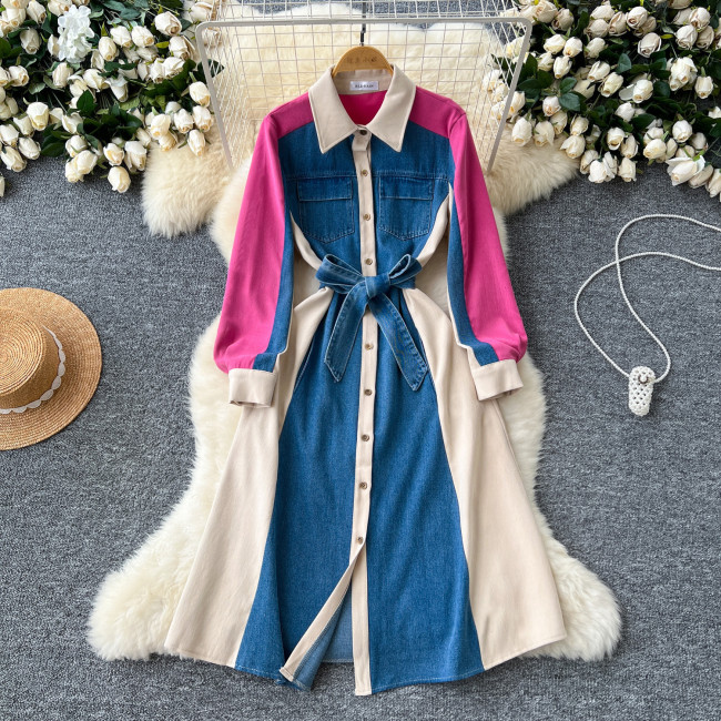 Color-Block Long Sleeve Denim Tie-Waist Shirt Dress
