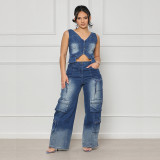Retro Wide-Leg Multi-Pocket Vest Set