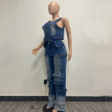 Retro Wide-Leg Multi-Pocket Vest Set