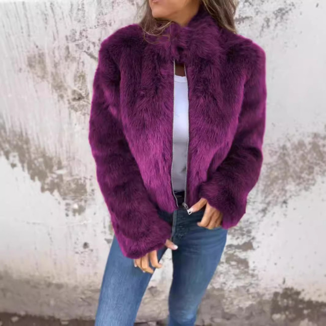 Faux Fur High Neck Zip-Up Casual Jacket for Women